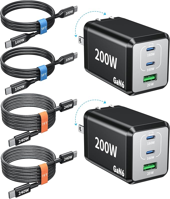 2 Pack 200W USB C Charger Block 3 Port 140W Compact Charging Station | Fast Chager 140W for MacBook ProiPhone 17/16/15 Series Samsung S26 iPad(Included 4 Pack 240W 7FT Cable)