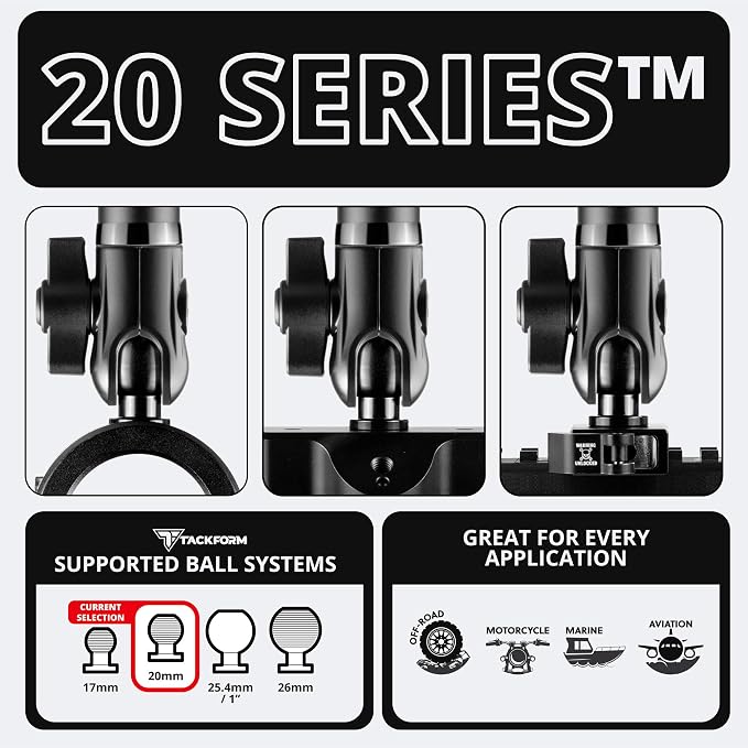 Tackform 10 Long 20mm Ball and Socket Arm DuraLock 20 Series Aluminum Tube Arm | Dual 20mm Sockets and Optional Anti-Theft Knobs | Black