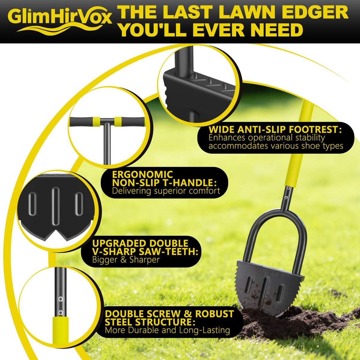 Half Moon Edger Lawn Tool with Double V-Shaped Saw-Tooth Blade & Rubber T-Grip, 40in Edging Shovel for Landscaping, Garden Edging Tool for Landscaping, Manual Lawn Edger Tools for Garden Maintenance