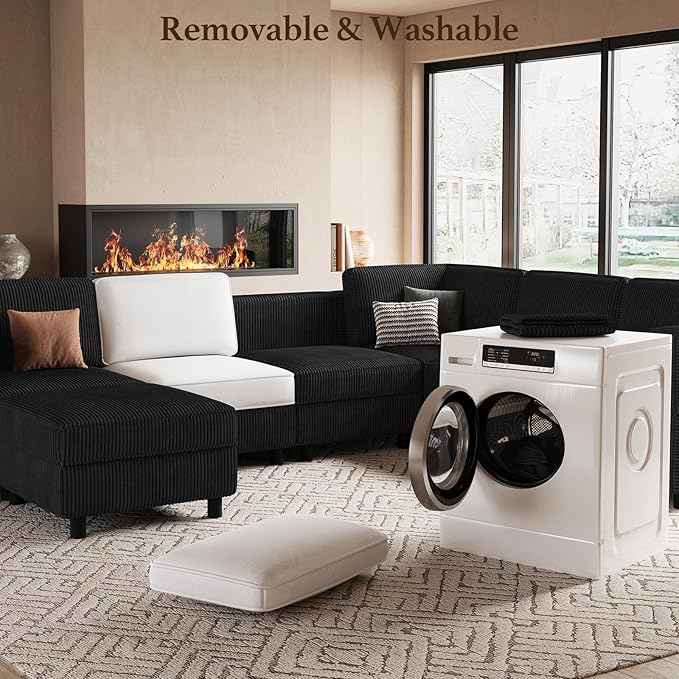 Modular Sectional Sofa 7 Seat U Shaped Couch with Storage Ottoman,Sectional Couches for Living Room,Corduroy Modular Couch in Black