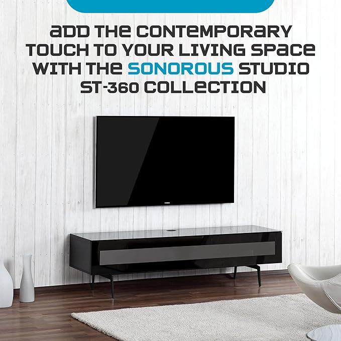 SONOROUS ST-360 Premium TV Stand for Living Room – Modern TV Stands & Entertainment Center with Storage – Black Wood & Black Glass Cover – Luxury Media Console with Metal Legs for TVs up to 75 inches