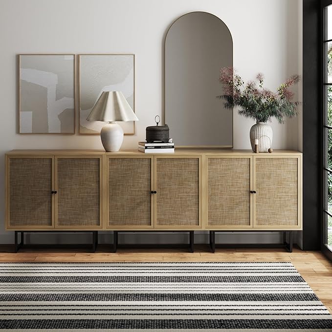 Nathan James Kova Rattan Wood Accent Sideboard Storage Cabinet TV Stand with Matte Metal Frame, Adjustable Shelves and Cane Doors, for Hallway, or Living Room, Light Oak/Cane/Black, Set of 3
