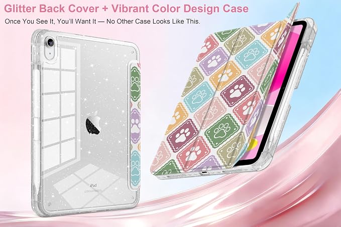 MEEgoodo Case for iPad A16 11th Generation 2025/10th Generation 2022 Glitter Tablet Cases with Transparent Acrylic Back+Trifold Stand +Pencil Holder+Auto Wake/SleepAbstract Sun &amp Palm Tree
