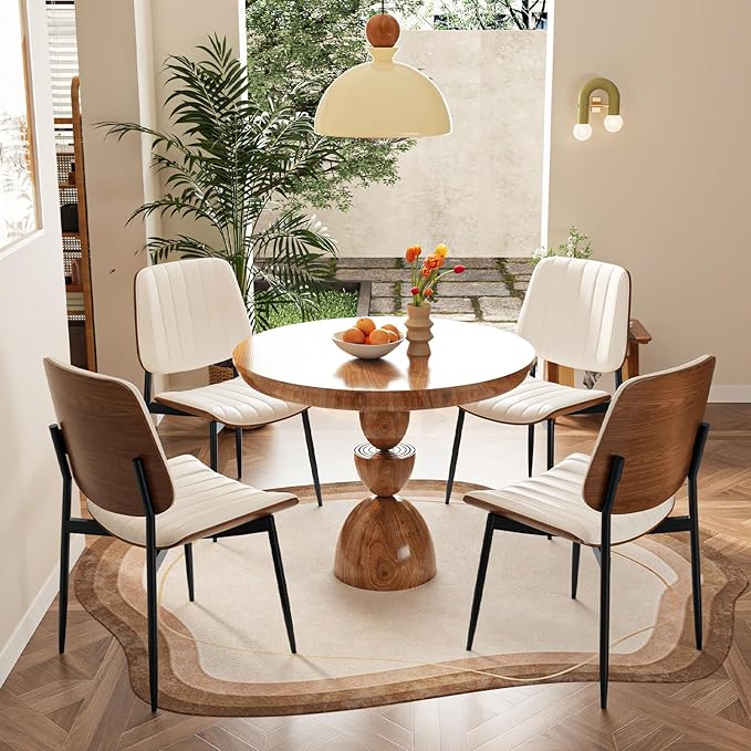 Modern Green Leather Dining Chair Set of 2, Bentwood Backrest & Black Metal Frame Ergonomic Comfort, Sustainable Style, Multi-Space Versatile, Beige
