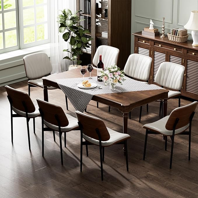 Dining Chairs Set of 4, Dining Room and Kitchen Chairs, Mid Century Modern Accent Chair, Upholstered PU Leather Chairs for Vanity with Walnut Bentwood and Metal Legs, Beige