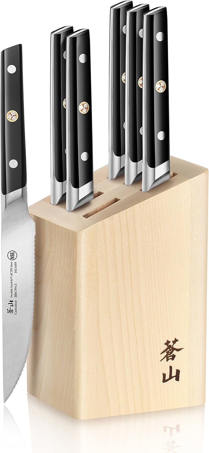 Cangshan TC Series 1022254 Swedish 14C28N Steel Forged 6-Piece Steak Knife Block Set, Maple