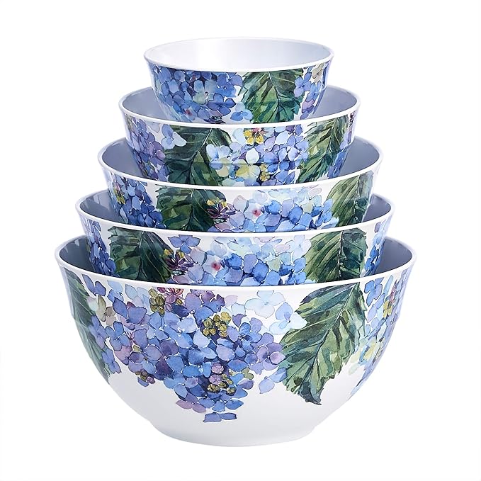 Amazon Basics Nesting Melamine Mixing Bowl With Lid And Non-Slip Base, 5 Sizes, Set Of 10, Hydrangea Floral, 3 15/16",7 9/16",8 7/8",10",11 1/4"