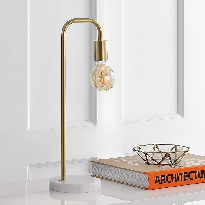 JONATHAN Y 20.5" Brass Gold Minimalist Glam Metal and Marble LED Table Lamp, Modern Industrial Pipe Desk Lamp for Bedroom Office Nightstand, White Marble Base, LED Bulb Included JYL1094A