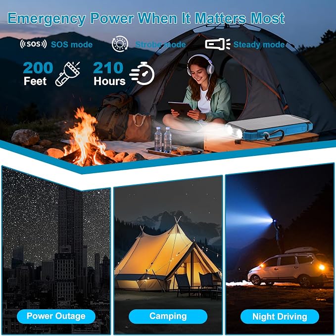 Solar Charger Power Bank 20000mAh Wireless Fast Charging Battery Pack with 3 Built-in Cables &amp USB-C Input Dual LED Flashlights Portable Phone Charger for Camping Travel &amp Emergency Use (B