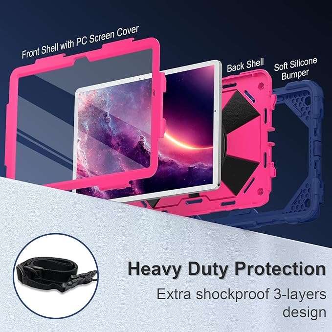 for Galaxy Tab A9 Plus Case 11 Inch, Rugged Case for Samsung Galaxy A9+ Tablet with Screen Protector 360 Rotating Stand Shoulder Strap Pen Holder, 2023 Model(SM-X210/X216/218), Navy Pink
