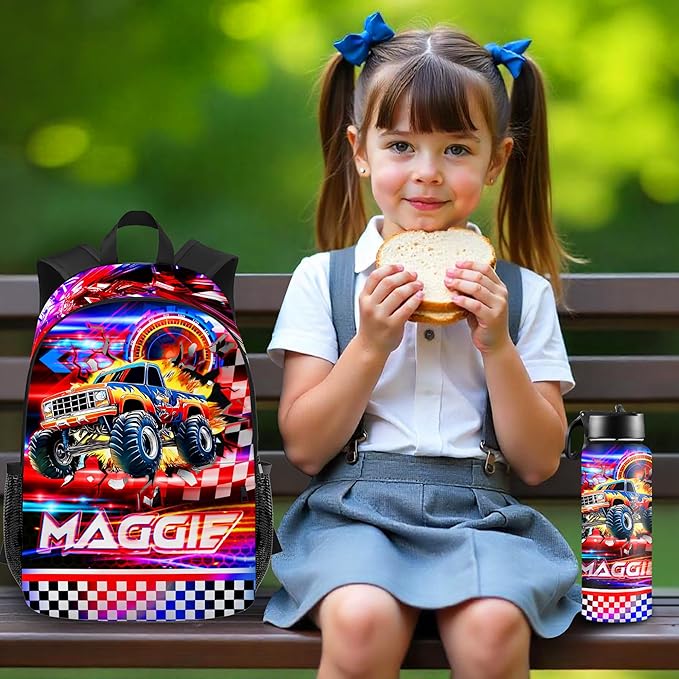 Custom Boys Truck Backpack with Lunch Box Personalized Name Bookbag Back to School Kids Backpacks for Elementary Middle School