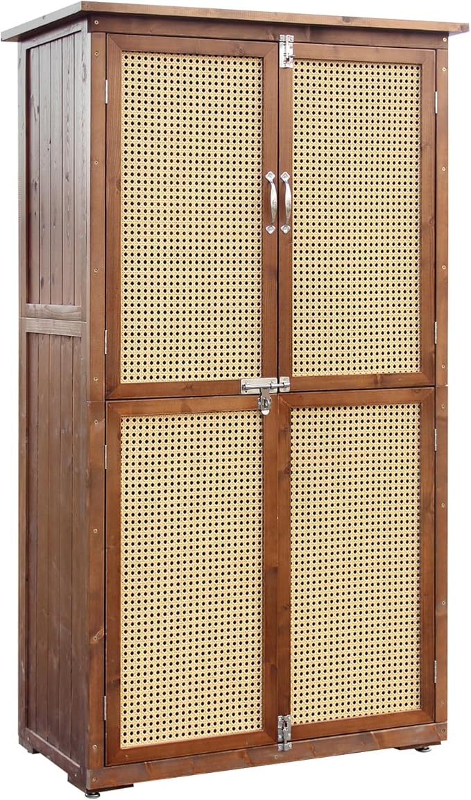60 Inches Outdoor Storage Shed, Wood Shed with Rattan Indoor Storage Cabinet with Floor, Adjustable Shelves for Patio, Garden,Lawn and Living Room, Carbonized Black