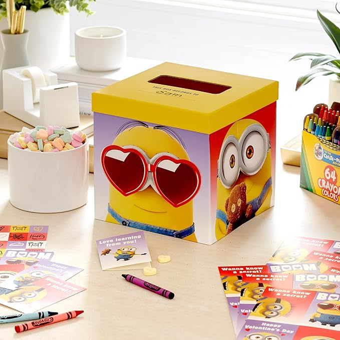 Hallmark Minions Valentines Day Cards and Mailbox for Kids School Classroom Exchange (1 Box, 32 Valentine Cards, 35 Stickers, 1 Teacher Card)