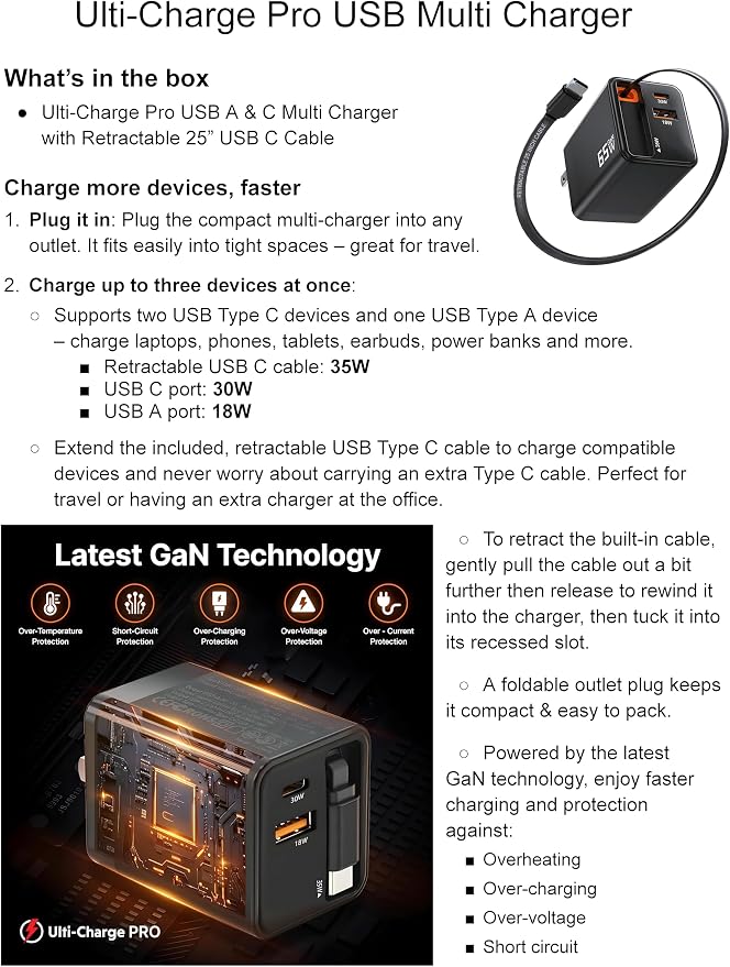 Ulti Charge Pro 65W USB C Charger with 25 Inch Retractable USB C Cable | Dual C/A Ports Foldable Plug Travel Adapter for iPhone Galaxy Pixel iPad Laptop Retractable USBC Phone Charger Fast
