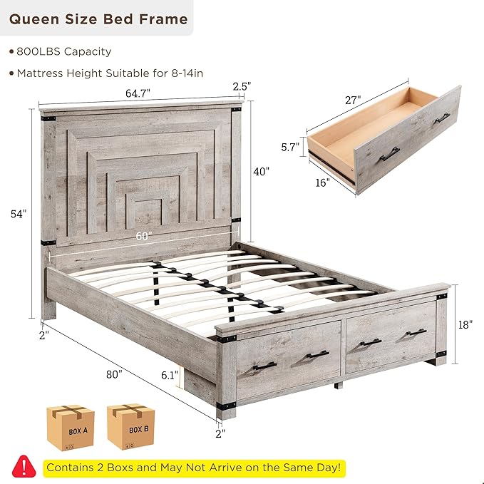T4TREAM Farmhouse Queen Size Bed Frame with 54" Tall Geometric Headboard & 2 Large Storage Drawers, Rustic Wood Platform Bed with Wood Slats Support, No Box Spring Needed, Light Rustic Oak