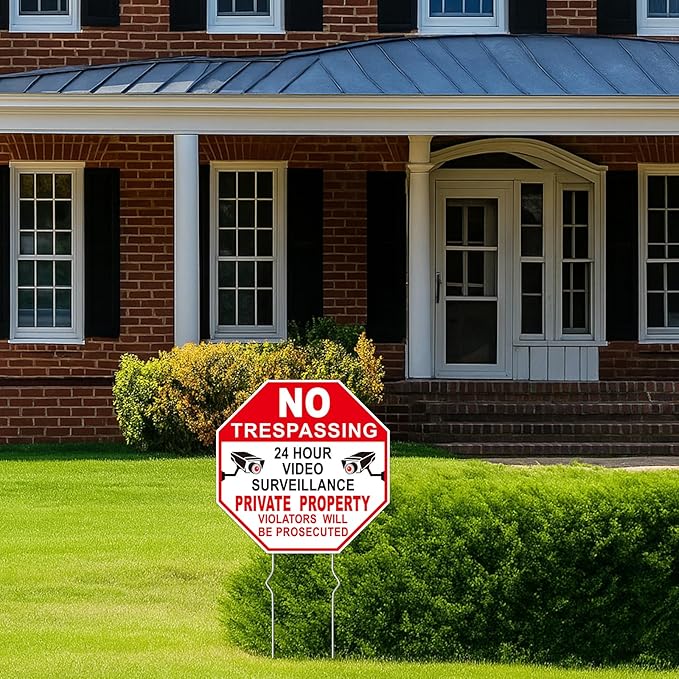 NO Trespassing Signs Private Property Video Surveillance Sign, Large 4-Pack 10"x10" Double-Sided Signs, Corrugated Plastic, Metal Stakes, Outdoor Yard Sign for Home and Front Door Land, and Garden, Lawn