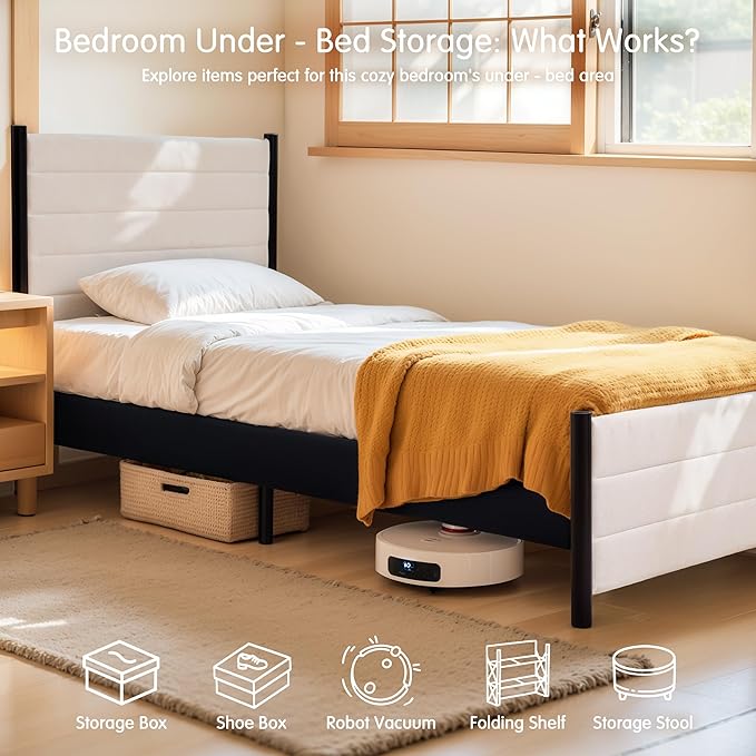 Hokway Bed Frame Upholstered Platform Bed with Headboard Wooden Slat Support No Box Spring Needed(Full, Beige)