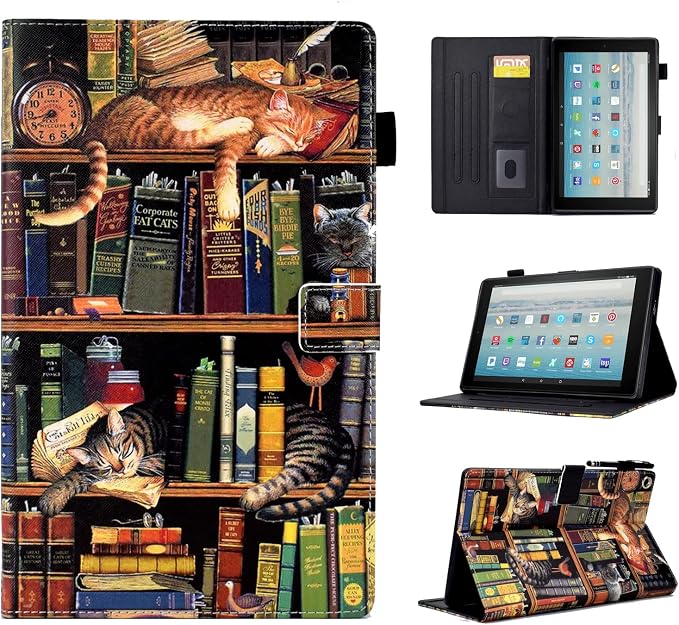 Case for Fire HD 10 Tablet 9th/7th/5th Gen 2019/2017/2015Cute Cat | Slim Durable Foldable Stand PU Leather Pencil Holder Card Slot Auto Wake，Sleep