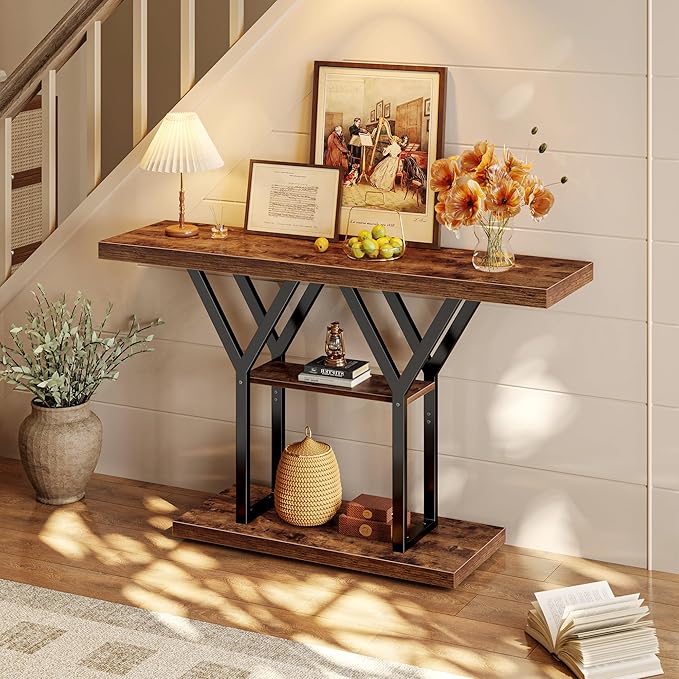 Huuger 47.2 Inch Entryway Table, Industrial Console Sofa Table, 3 Tier Accent Table, for Entry, Hallway, Entrance, Foyer, Y-Shaped Metal Base, Rustic Brown