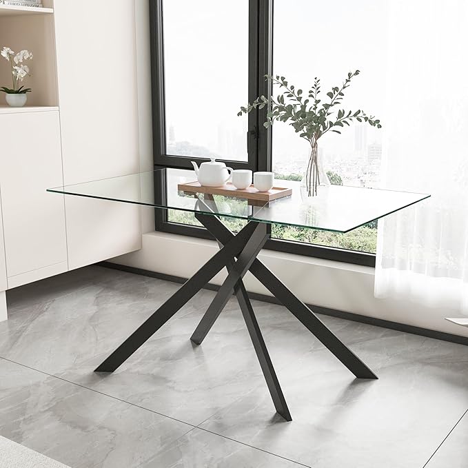51.2" Glass Dining Table, Modern Kitchen Table for 4-6 People, Contemporary Rectangular Dining Room Dinner Tables with Clear Glass Top & Black Metal X Legs for Kitchen Apartment