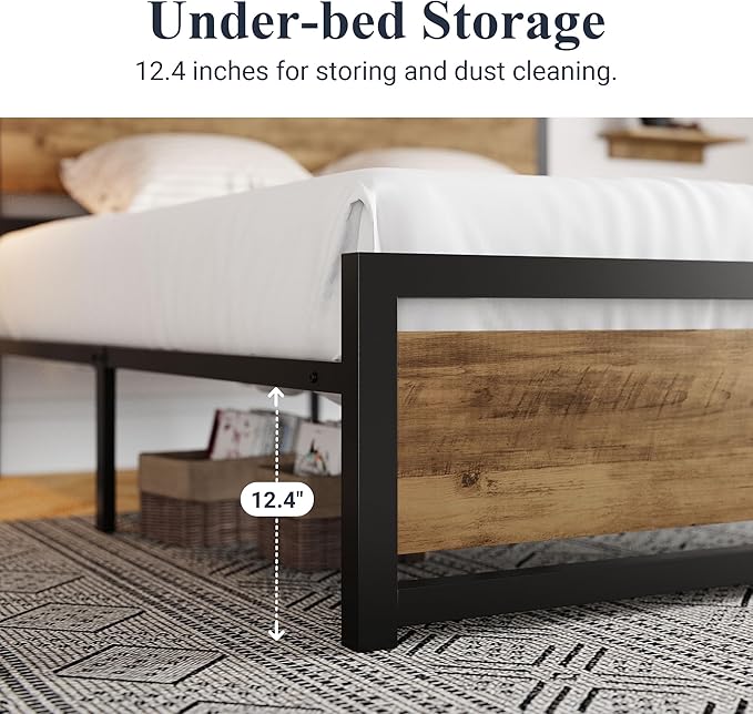 Allewie Full Bed Frame with Headboard, Heavy Duty Metal Platform Base with Strong Support, Underneath Storage Space, Stable Mattress Foundation, No Box Spring Needed, Brown