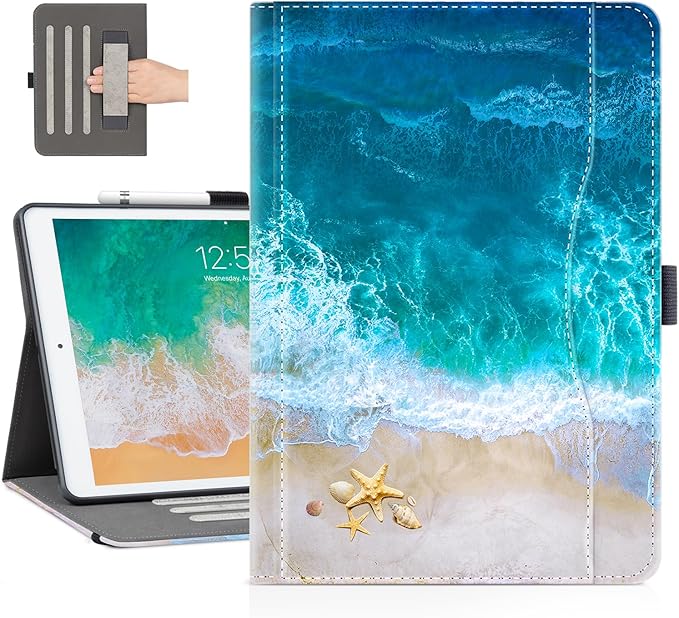 Vimorco for iPad 9th/8th/7th Generation Case 10.2-inch Pencil Holder/Pocket | for iPad Air 3rd Generation Case 10.5-inch for iPad Pro 10.5 Inch Cases Hand Strap Adjustable Angle Beach Path Scenery