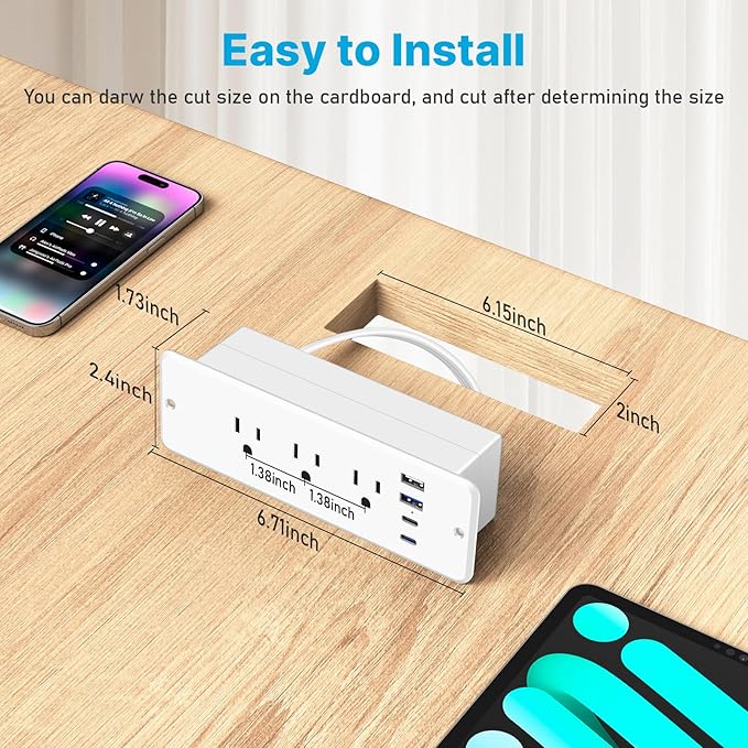 CCCEI 6 Outlets Dual Side Recessed Power Strip with 45W USB C Port, Furniture Flush Mount, Under Desk, Desk Top Multiple Outlet, Hidden Charging Station for Conference Table, Nightstand, White. 10FT.