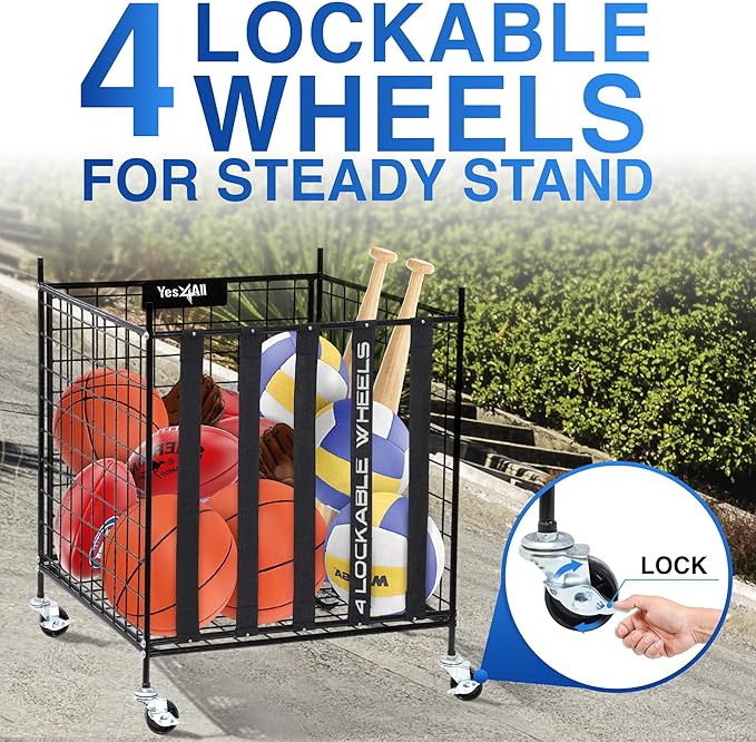 YES4ALL Rolling Ball Cart Storage with Lockable Wheels Volleyball Basketball Holder, Toy Balls Bin, Garage Cage, Storage Racks, Sports Equipment Organizer, Ball Rack for Outdoor Indoor Use