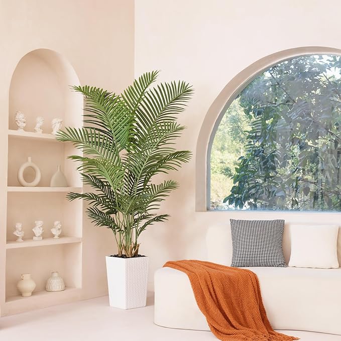 6FT Artificial Palm Tree - Tall Fake Tree with White Taper Planter & Pebbles, UV Resistant for Indoor & Outdoor Decor - Large Potted Faux Plant for Living Room, Office, Home Decor,VN130