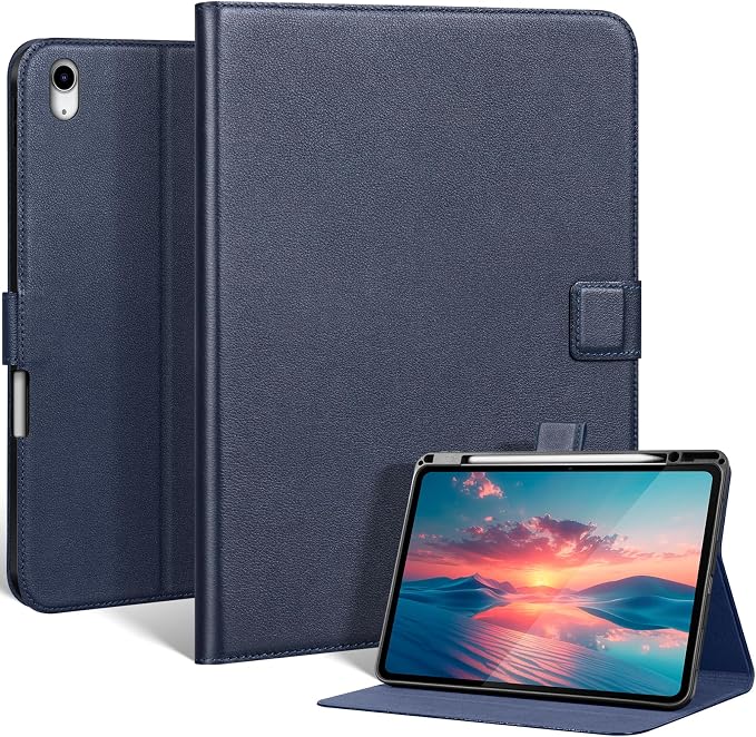 Leather Case for iPad 11th/10th Gen (11/10.9) Black | Genuine Leather Pencil Holder Adjustable Stand Magnetic Closure Auto Wake/Sleep