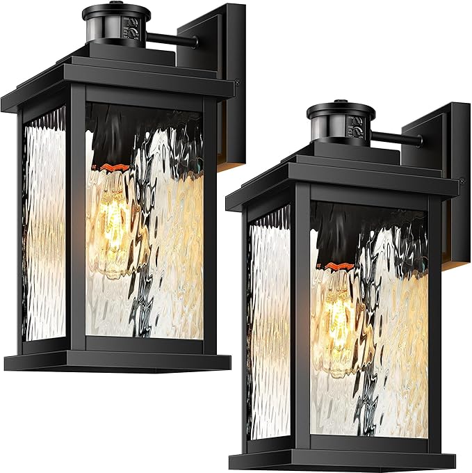 VIANIS 2 Pack Large Advanced Motion Sensor Outdoor Lights, Black Easy-to-Install Dusk to Dawn Outdoor Wall Lights, Aluminum Waterproof Porch Light with Water Glass for Porch, Garden, Front Door