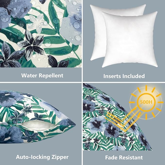 LVTXIII Outdoor Throw Pillows, Decorative Throw Pillows with Inserts, 20"x20" Square Pillows for Bed, Couch, Sofa and Patio Furniture, Set of 2, Blue Salmone Tropical