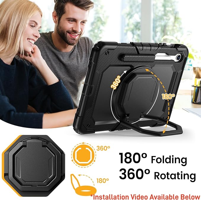 HXCASEAC Case for Galaxy Tab S10 lite / S10 FE / S9 FE 10.9 Inch Shockproof | 360° Rotating Stand | S Pen Holder | Screen Protector | Shoulder Strap | Samaung S10 Lite Tablet Case Kids Black