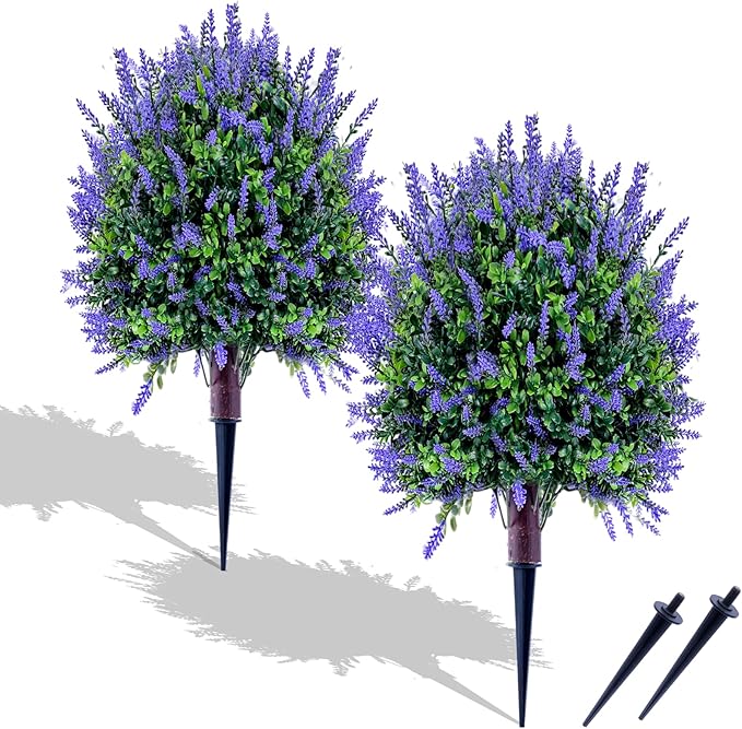 Fake Lavender Plant Set of 2: 24" Tall Outdoor Artificial Plants with Ground Spike, UV Resistant for Indoor/Outdoor Decor