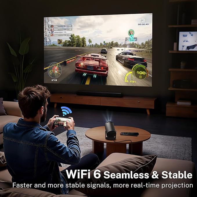 Mini Projector with WiFi 6 and Bluetooth 5.4 Built-in Android 11, 1080P 4K Support Portable Projector, Auto Vertical Keystone, LYNCAST 180° Rotatable Projector for Home,Outdoor OptiBarrel 500 Black
