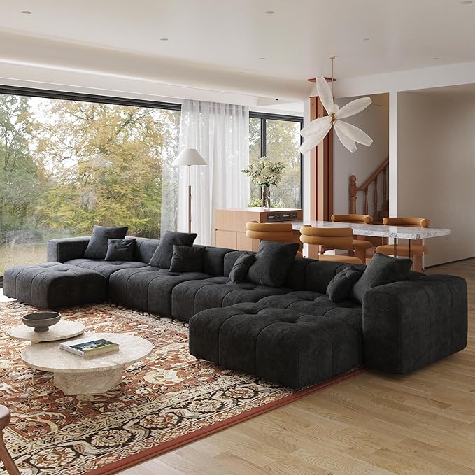JACH 183.5 Inch U-Shaped Modular Sectional Sofas, Modern 4-Seater Couch with Chaise Ottomans, Mid Century Modern Sectional Couches, Cozy Sleeper Sofa for Living Room (Linen Fabric, Black)