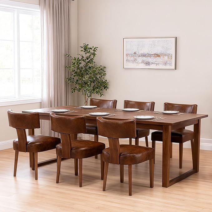 Mid Century Modern Dining Chairs Set of 6 PU Leather Upholstered Side Chairs, Modern Kitchen Armless Parson Chairs Solid Wood Dining Chairs, Brown