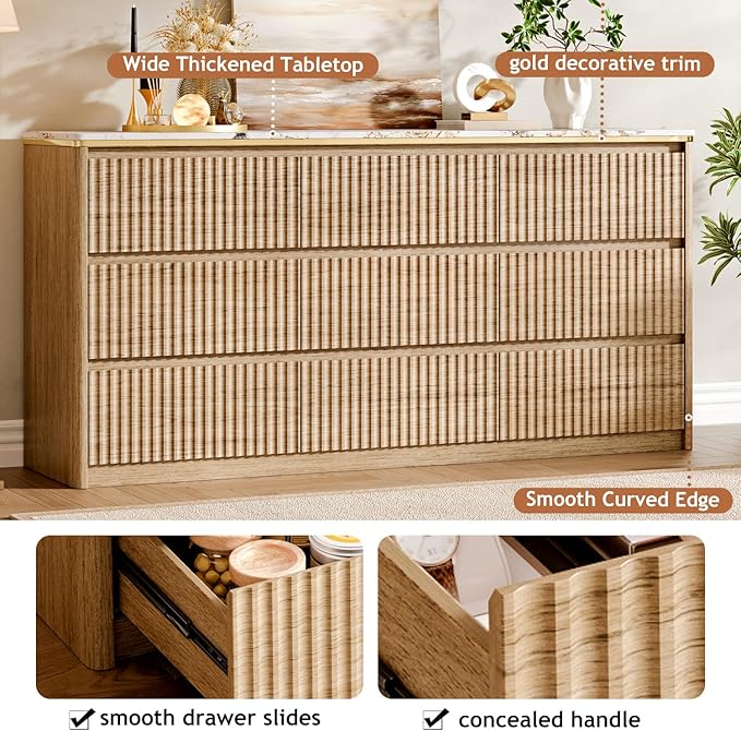 Fluted Dresser for Bedroom with 9 Drawers,62.99" Modern Chest of Drawers with Faux Marble Top, Curved Profile Design,Dresser TV Stand, Wood Drawer Organizer for Living Room, Hallway, Wood