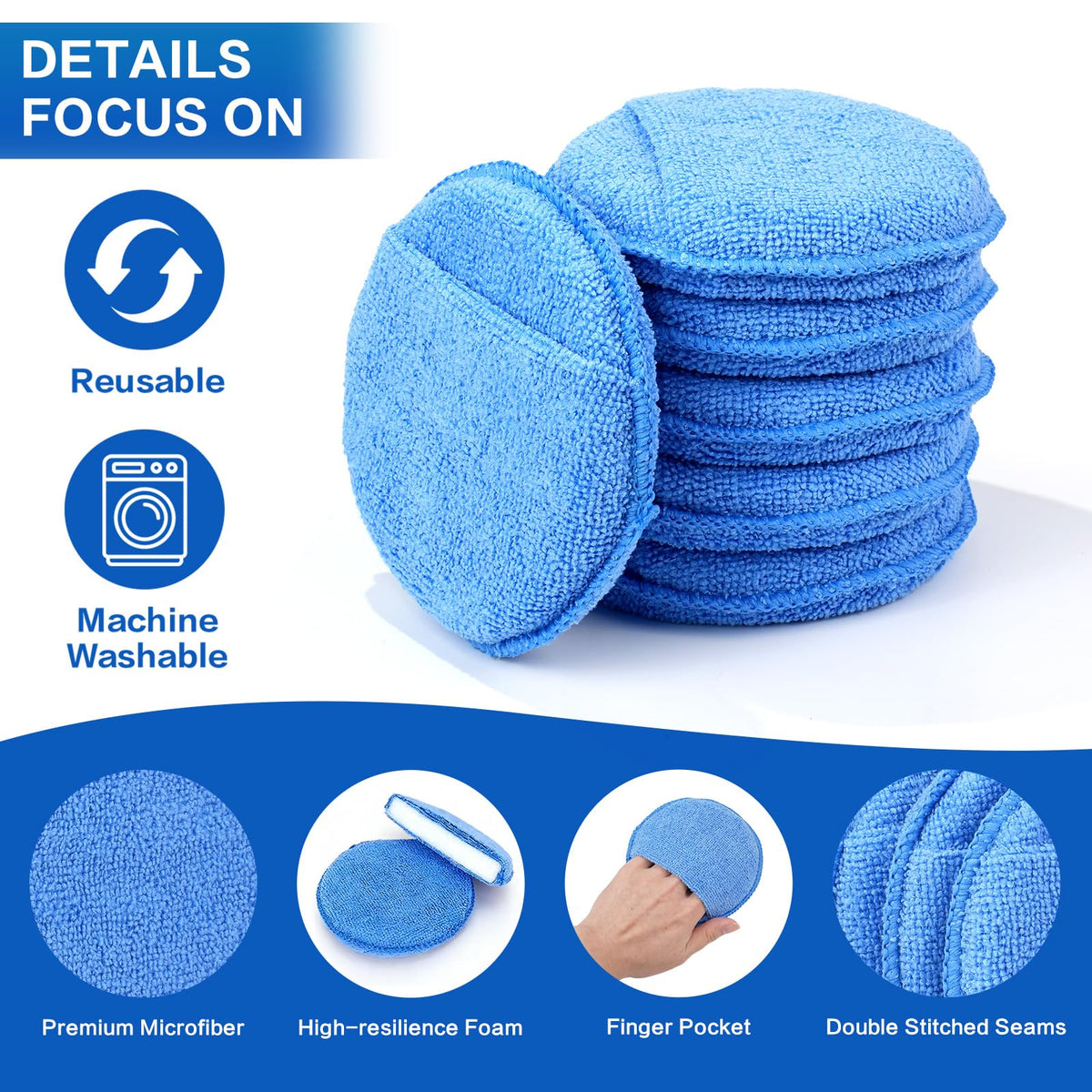 FONASONIC 6 Pack Microfiber Wax Applicator Pads, Car Wax Applicator with Finger Pocket, Detail & Polishing Foam Pad for Car Cleaning and Best Polishing (5 inch)