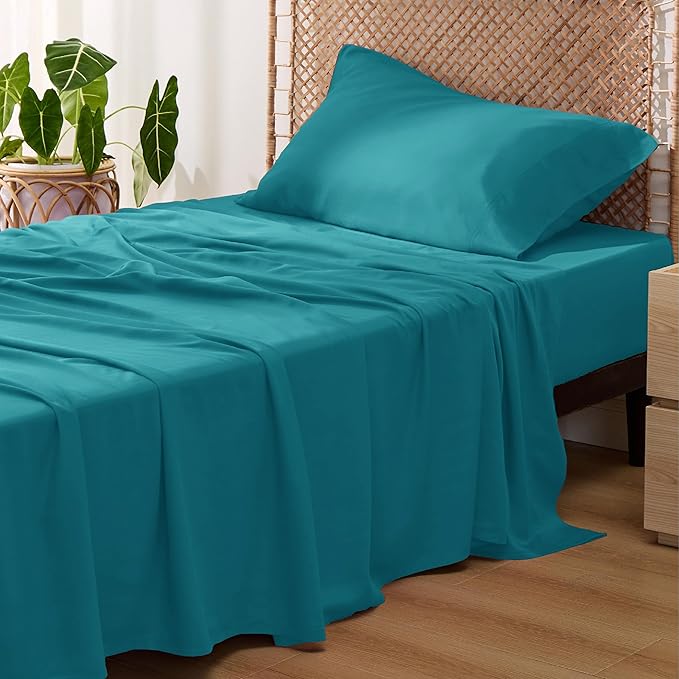 Bedsure Cooling Sheets Twin, Rayon Derived from Bamboo, Breathable & Soft Twin Sheets Set, Deep Pocket Up to 16 Inches, Hotel Luxury Silky Bedding for Hot Sleepers, Turquoise