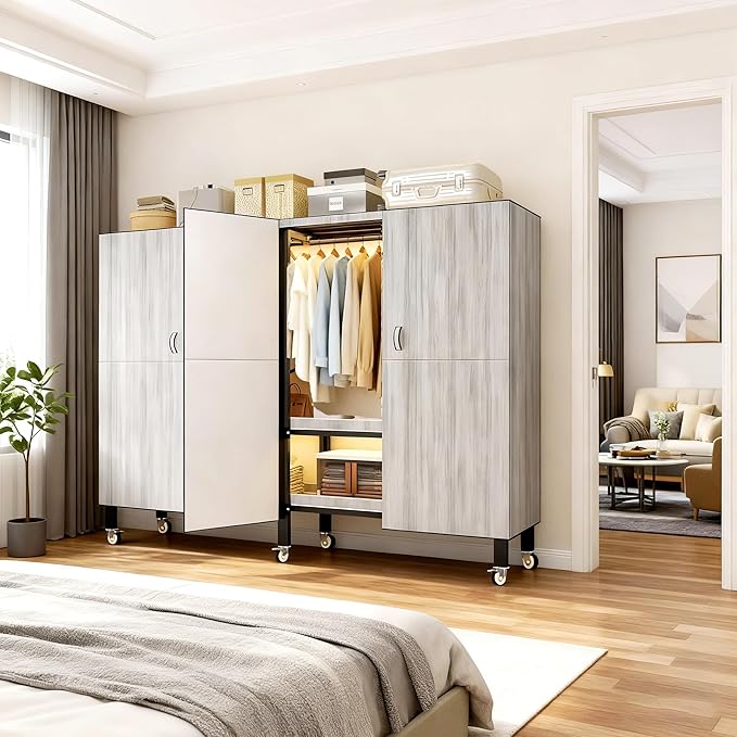 Foldable Portable Armoire Wardrobe Closet for Hanging Clothes Rack, Heavy Duty Covered Clothes Rack with Cover(HARDBOARD Magnetic), Closet Garment Rack for Bedroom Storage (KT Woodgrain Gray, 66.14in)