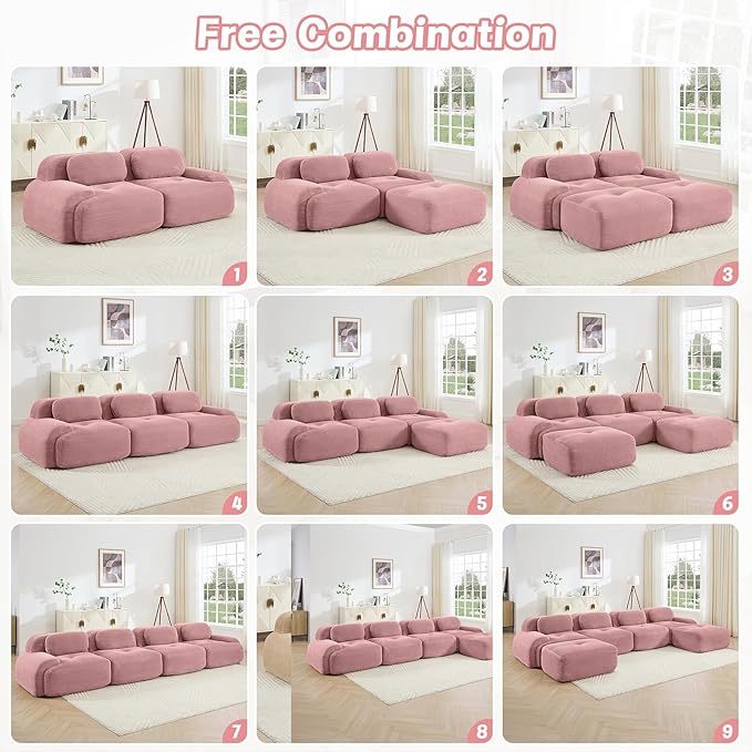 80" Modern Corduroy Boneless Love Seat Couches, 2 Seater Large Sectional Couches for Living Room, Pink Cloud Modular Sectional Sofa, Memory Foam, Extra Deep Loveseat, No Assembly