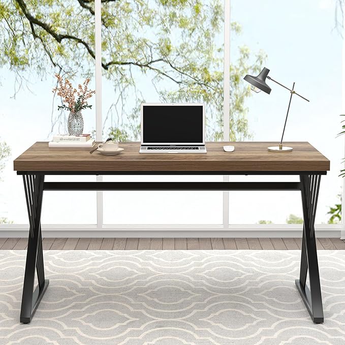 FOLUBAN Computer Desk, Modern Home Office Desk, Wood and Metal Study Writing Gaming Table for Bedroom Living Room, Rustic Oak, 53 Inch