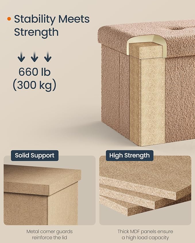 SONGMICS Small Folding Storage Ottoman, Foot Rest Stool, 15 x 15 x 15 Inches, Ottoman with Storage, Load up to 660 lb, for Living Room, Bedroom, Dorm, Camel Brown ULSF095K01