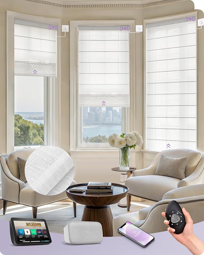 Graywind Smart Roman Shades 20% Blackout Compatible with Alexa Google WiFi Hardwired Automatic Blind Remote View Visible Roman Window Shades for Windows Doors, Custom Size (Semi-Sheer White)