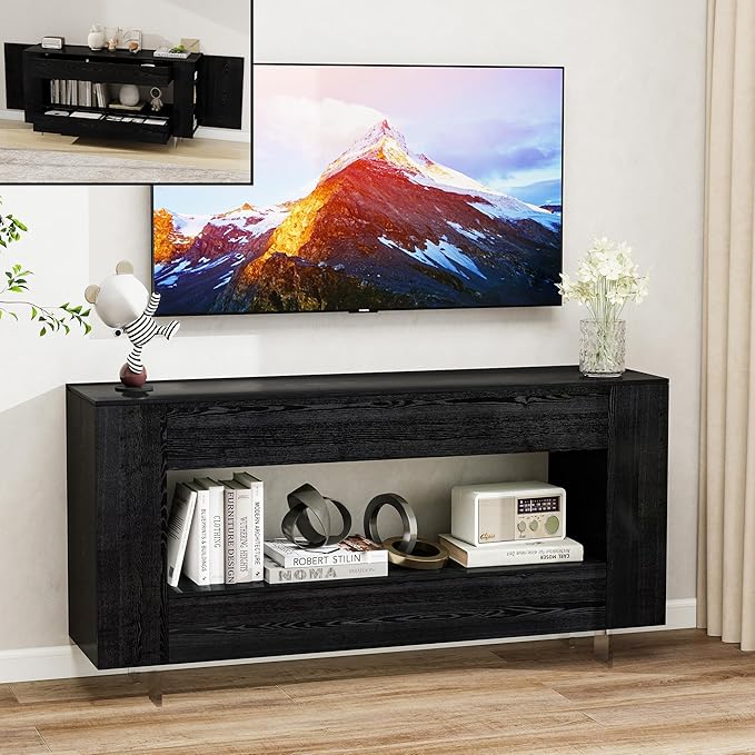 Vavkorkula TV Stand for 65 Inch with 2 Large Drawers & Hidden Storage Cabinets, Modern Farmhouse Entertainment Center Television Stands for Living Room Bedroom, Black