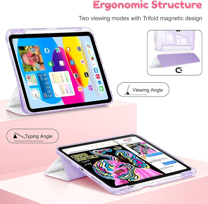 for iPad Air 11 inch M4/M3/M2 (2026/2025/2024) iPad Air 5th/4th Gen (2022/2020) 10.9 inch with Pencil Holder Glitter Clear Pretevtive Cover Auto Wake/Sleep Black Cartoon Stickers
