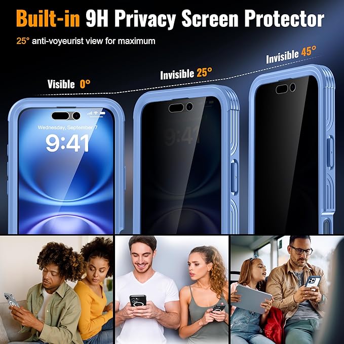 360° Protection Magnetic for iPhone 16 Case Built-in 9H Privacy Screen Protector & Metal Stand[Fit for Magsafe][Anti-Spy][Lens Protector] Heavy Duty Shockproof Phone Case for iPhone 16(Blue)
