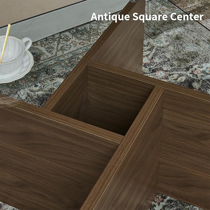 LKTART 31.5" Glass Coffee Table, MDF Mid-Century Modern Square Coffee Table with Tempered Glass Top, Square Center Tables for Small Space Living Room Office Apartment, Walnut