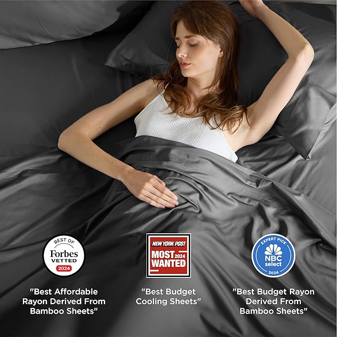Bedsure King Size Sheets Set, Cooling Sheets for Hot Sleepers, Rayon Derived from Bamboo, Breathable & Soft, Deep Pocket Up to 16 Inches, Hotel Luxury Silky Bedding, Grey